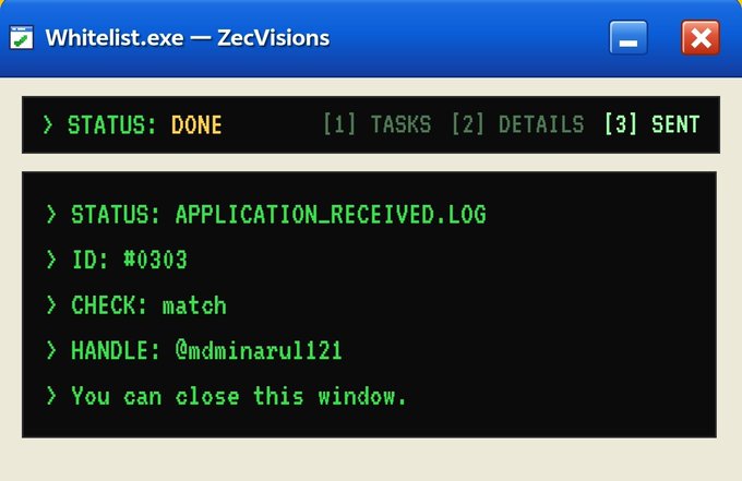 A terminal window titled 'Whitelist.exe — ZecVisions' displays a 'STATUS: DONE' message for ID #0303 matched to handle @mdminaru1121.