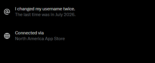The image displays profile information indicating the username has been changed twice, with the most recent change occurring in July 2026, and the account was connected via the North America App Store. This visual evidence of a recent username change supports the poster's claim that they recently acquired the username from the previous developers of "Merry Men."