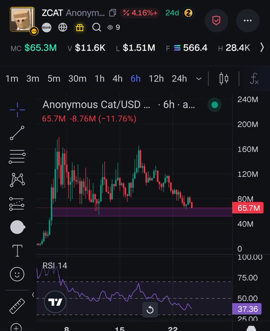 A candlestick chart displays ZCAT/USDC at $65.7M with an 11.76% 6-hour decline and RSI at 37.36, illustrating the author's conviction during a downtrend on their early position in $ZCAT.