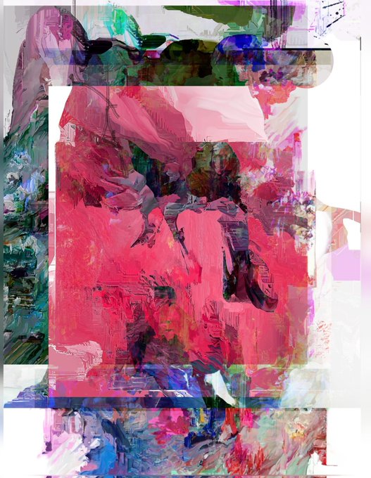 An abstract digital artwork or glitch-art style piece with vibrant pink, red, blue, and green brushstrokes and pixelated textures layered over a faintly visible figure.