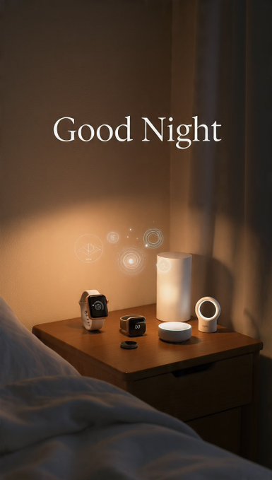 A warmly lit bedroom nightstand featuring a digital clock, a sleep tracking ring, a small device, and a glowing cylindrical lamp, with the text 'Good Night' overlaid.