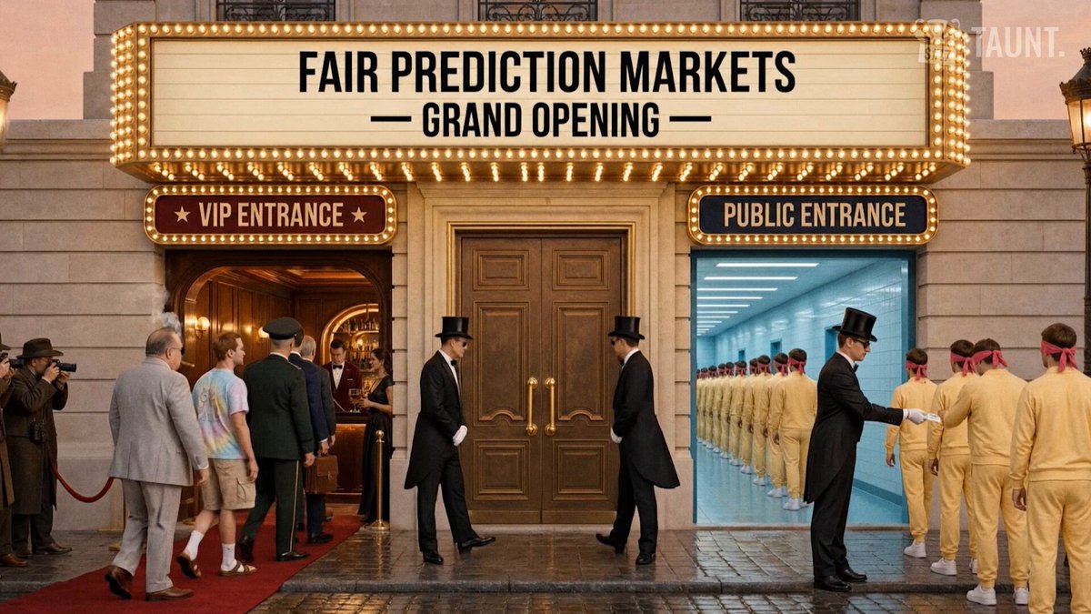 The image shows a group of people standing outside a grand opening for a movie theater called "FAR PREDICTION MARKETS" with a sign that says "Grand Opening". The theater has an entrance that opens up to a hallway filled with people dressed in suits and ties, possibly waiting to enter the theater. There are also two men wearing top hats walking down the street next to the theater.