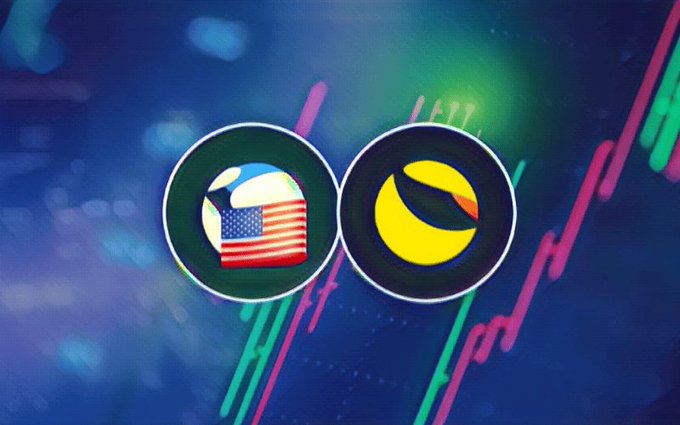 Two circular token-like icons sit side by side: one contains the United States flag, and the other displays a yellow-and-black bird-like emblem against a colorful, blurred background.
