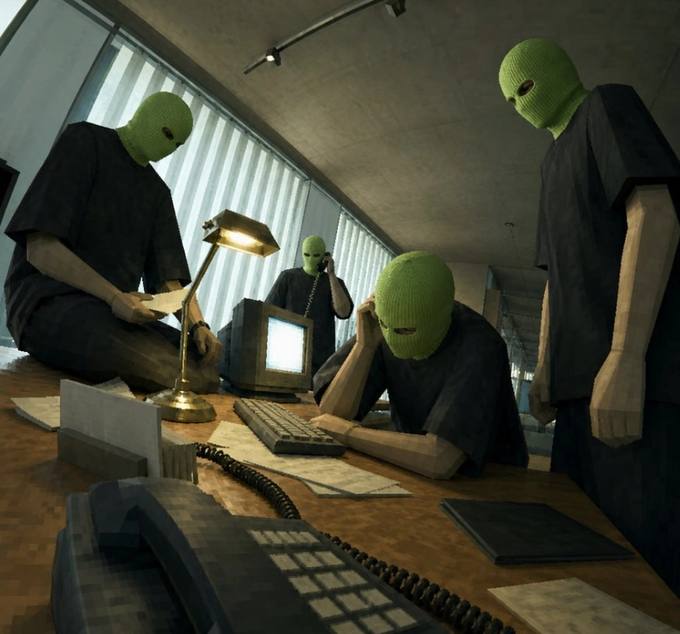 The image shows four masked figures gathered around a desk with a vintage computer and telephones, appearing to be a team working on a secret project. This relates to the post by illustrating the "experts" at GM Syndicators "hand-picking" the "Drop of the Day" while others were asleep.