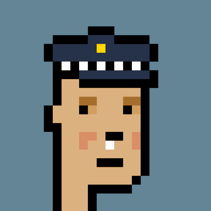 Pixel art portrait of a character wearing a police-style cap on a gray background.