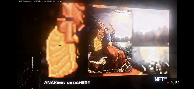 A screen displays artwork credited to "ANAKIMS VARGHESE" with an NFT HD logo and a viewer count of 51, showing a traditional painting alongside a glowing orange figure.
