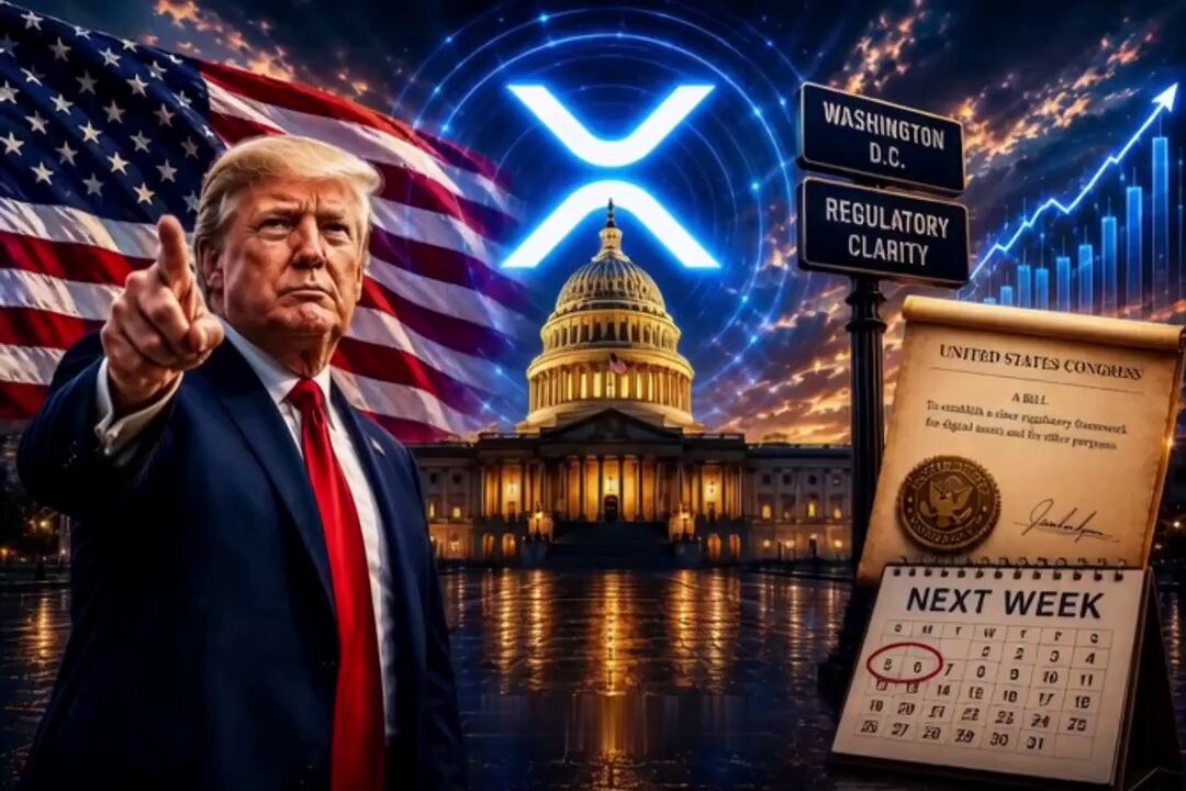 The image features a man dressed in a suit standing next to an American flag, with a calendar displaying "Next Week" and "CLARITY Act" written below him. The caption reads "Major News: The deliberation of the CLARITY Act next week could be a pivotal moment for the cryptocurrency industry", indicating that there is significant news related to the regulatory policies affecting cryptocurrencies in Washington. The image also includes an illustration of the U.S. Capitol building and a coin, possibly Ripple, which are relevant to the discussion surrounding the CLARITY Act.