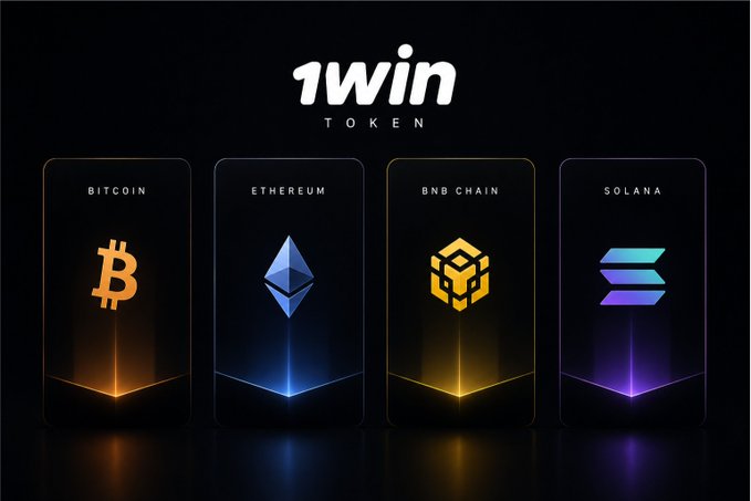 A promotional graphic for "1WIN TOKEN" displayed on a dark background, featuring four illuminated panels showcasing the logos and names of major blockchain networks: Bitcoin, Ethereum, BNB Chain, and Solana. The image visually supports the post's theme of comparing blockchain ecosystems, highlighting the decision-making process behind selecting a chain for token deployment.