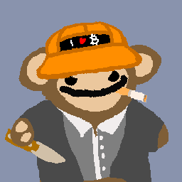A pixel art image of a cartoon monkey wearing an orange 'I ❤️ BTC' hat, a smoking cigarette, and a black vest over a white shirt.