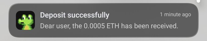 A notification banner showing a pixelated green character reads 'Deposit successfully' and 'Dear user, the 0.0005 ETH has been received.'