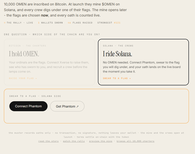 On this webpage from a Bitcoin and Solana project, users can choose to "hold OMEN" on Bitcoin or "ride Solana" by swiping a flag and connecting Phantom, with "46 FLAGS RAISED" and "10,000 OMEN" mentioned.
