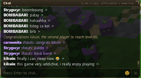A Minecraft in-game chat window showing player messages, including congratulations to "kikuin" for reaching level 60, and various Filipino chat exchanges among users like Strygyvyr, BOMBABAK!, and carmenita.