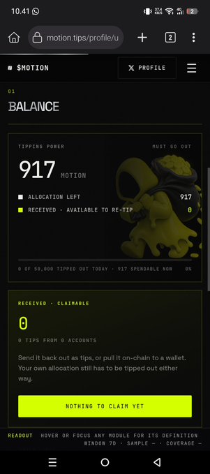 A mobile app screenshot showing a "BALANCE" page from motion.tips, displaying 917 MOTION in "TIPPING POWER" with 0 claimable and a yellow "NOTHING TO CLAIM YET" button.