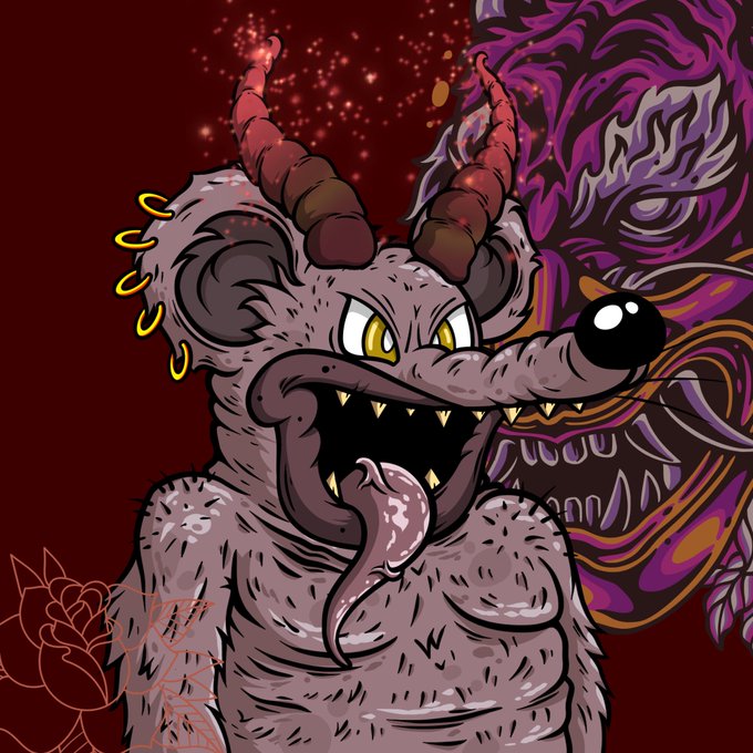 A cartoon illustration of a pink, furry demon-like creature with horns, yellow eyes, and a long tongue, standing in front of a darker, shadowy demon face on a red background.