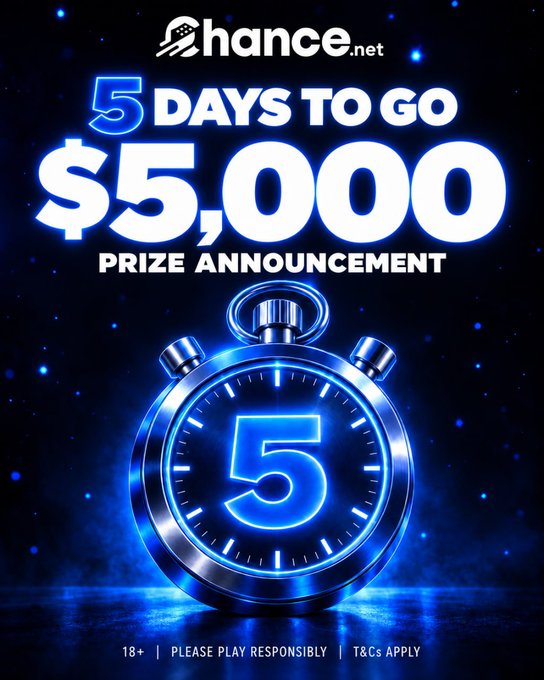 A promotional graphic for chance.net featuring a glowing blue stopwatch displaying the number "5" with text reading "5 DAYS TO GO $5,000 PRIZE ANNOUNCEMENT" and disclaimers "18+ | PLEASE PLAY RESPONSIBLY | T&Cs APPLY".