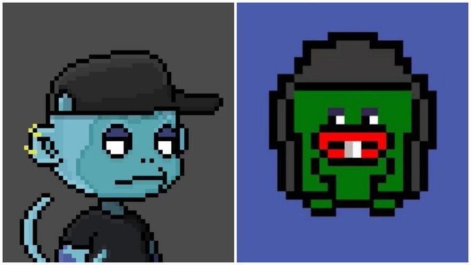 Two pixel art character sprites: a blue-skinned character wearing a black cap on the left, and a green character with red lips wearing headphones on the right.