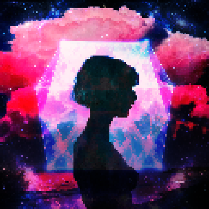 A pixel art illustration showing the dark silhouette of a person against a vibrant background of pink and blue clouds with a starry night sky.