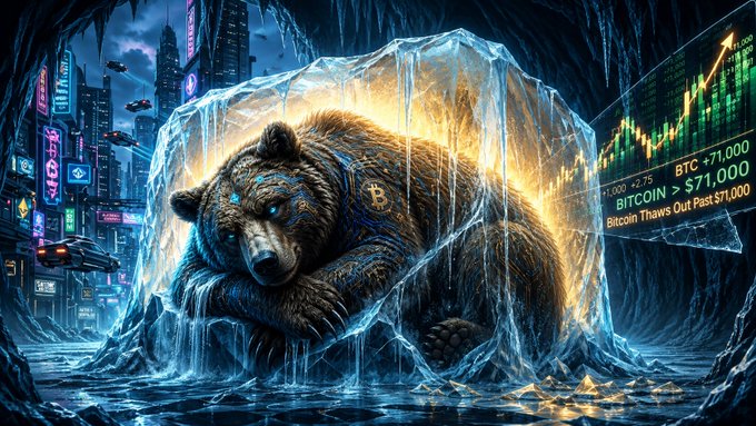 A digital illustration shows a bear encased in ice within a futuristic cyberpunk cityscape, with a Bitcoin logo on its forehead and a screen displaying "BITCOIN > $71,000" alongside a rising price chart.