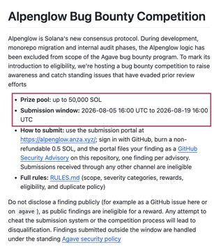 The image displays a Solanablog announcement titled "Alpenglow Bug Bounty Competition," detailing a 50,000 SOL reward pool for security researchers submitting valid findings between August 5-19, 2026, through Anza's submission portal. It relates to the X post by confirming the official launch of the Alpenglow bug bounty program, which invites researchers to review Solana's new consensus protocol change.