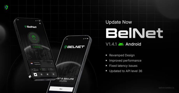 A promotional graphic for BelNet v1.4.1 on Android, highlighting a revamped design, improved performance, fixed latency issues, and an update to API level 36, displayed alongside two smartphone mockups showing the app interface.