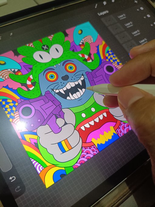 A hand uses an Apple Pencil on an iPad to digitally color a vibrant, psychedelic illustration of a monstrous character with a wide toothy grin.