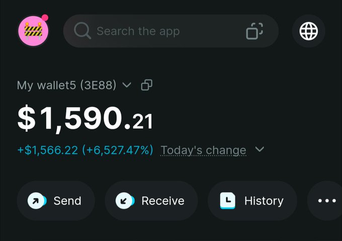 Cryptocurrency wallet app interface showing 'My wallet5 (3E88)' with a balance of $1,590.21 and a daily change of +$1,566.22 (+6,527.47%), featuring Send, Receive, and History buttons.