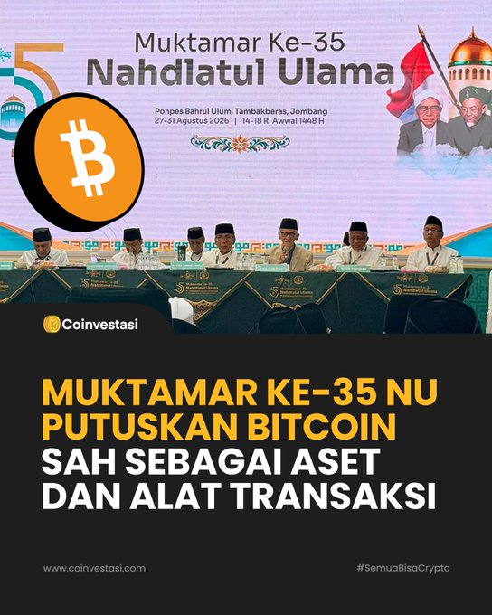 The image shows a panel of Nahdlatul Ulama officials seated at the Muktamar Ke-35 event at Ponpes Bahrul Ulum, Tambakberas, Jombang (27-31 August 2026), with an orange Bitcoin logo overlaid and Coinvestasi branding. The headline reads "MUKTAMAR KE-35 NU PUTUSKAN BITCOIN SAH SEBAGAI ASET DAN ALAT TRANSAKSI," visually announcing NU's official recognition of Bitcoin as a legitimate asset and means of transaction.
