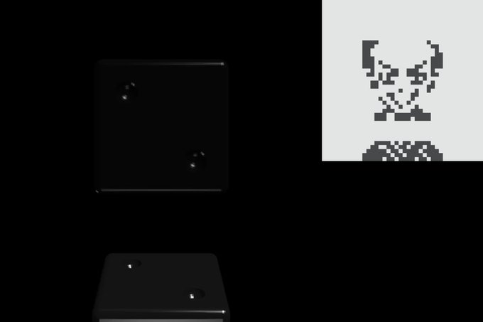 A dark scene showing two black domino-like cubes with small white dots, alongside pixelated gray character graphics on a light background.