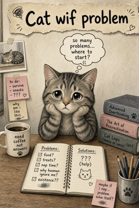A whimsical illustration of a sad kitten titled "Cat wif problem" sitting at a desk, with a thought bubble reading "so many problems... where to start (((" and an open notebook listing problems like "food?" and "treats?" alongside solutions reading "??? (help)".