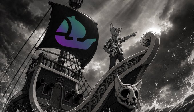 A stylized black-and-white illustration of a cat-headed pirate standing on a ship with a skull figurehead, set against dramatic stormy seas, with a sail displaying the OpenSea logo.