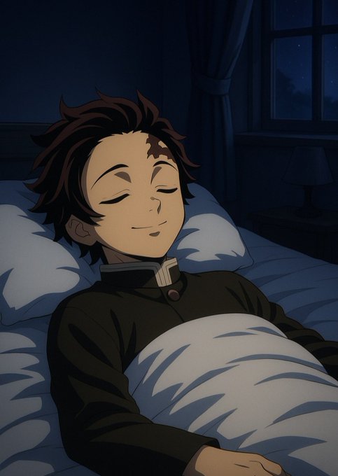 An anime-style illustration depicts a young boy with brown hair and a scar on his forehead sleeping peacefully in bed under blankets at night, wearing a dark uniform.