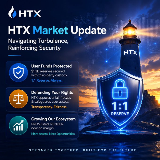 The image is an "HTX Market Update" graphic with the tagline "Navigating Turbulence, Reinforcing Security," featuring a lighthouse and shield-lock symbol emphasizing a "1:1 RESERVE." Key highlights shown include "$1.3B reserves secured with third-party custody," a stance against "unfair freezes & safeguards user assets," and ecosystem growth with "PROS listed" and "RENDER now on margin," aligning with the post's focus on user asset security and platform expansion.