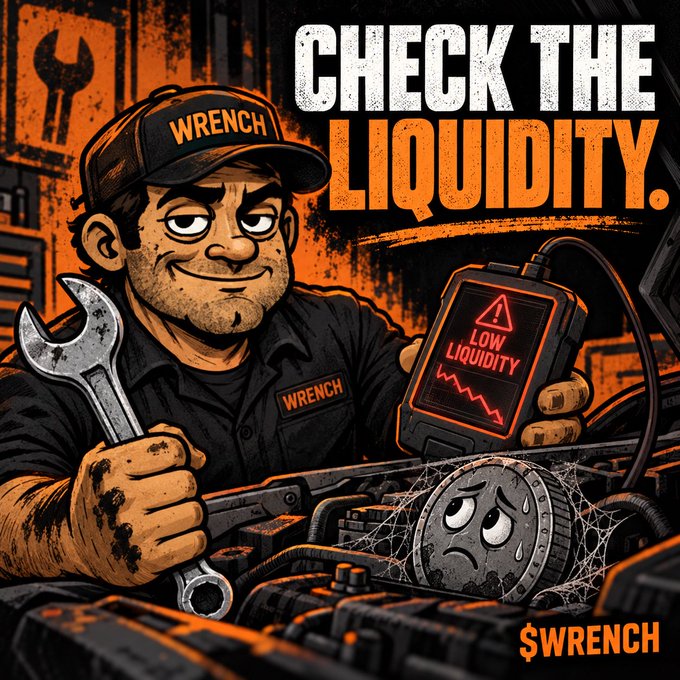 A cartoon-style illustration of a mechanic wearing a 'WRENCH' cap holding a wrench and a device displaying 'LOW LIQUIDITY' with the headline 'CHECK THE LIQUIDITY.' and '$WRENCH' at the bottom.