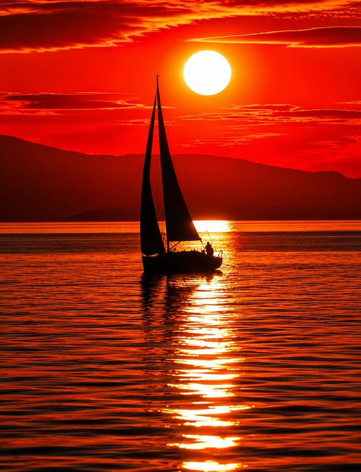 A silhouetted sailboat on calm water against a dramatic red sunset, with the sun reflecting across the water's surface.
