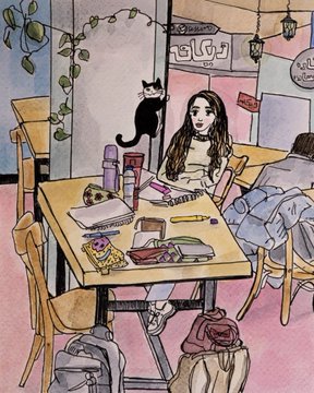A watercolor-style illustration of a young woman with long brown hair sitting at a wooden desk in a cafe, accompanied by a black cat, with another person seen from behind.