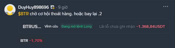 A Telegram post by user 'DuyHuy898696' warning about the token '$BTR' with text in Vietnamese, showing the ticker 'BTR' with -1.70% and 'Vĩnh cửu Đang mở lệnh Long', with a loss of '-1,368.84 USDT'.