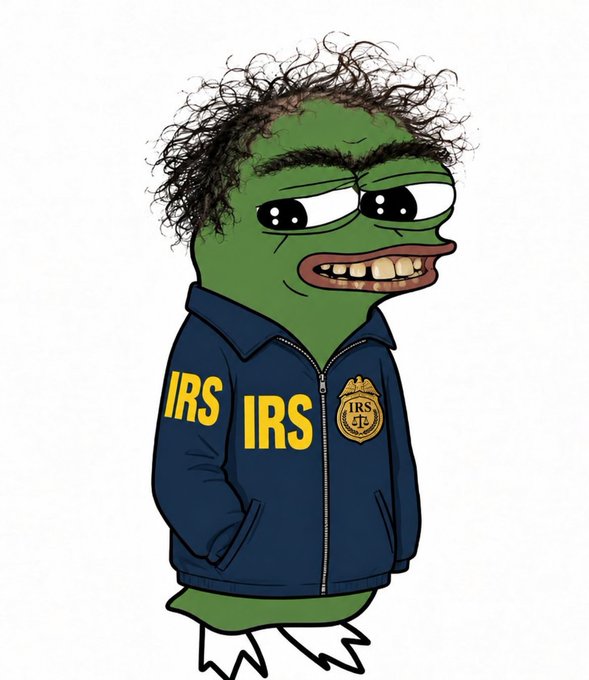 An illustrated cartoon character resembling Pepe the Frog with curly hair wears a blue jacket displaying 'IRS' in yellow letters and an 'IRS TP' badge.