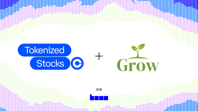 A graphic displaying 'Tokenized Stocks' and 'Grow' logos separated by a plus sign, framed by a colorful bar chart pattern in shades of blue, pink, and green.