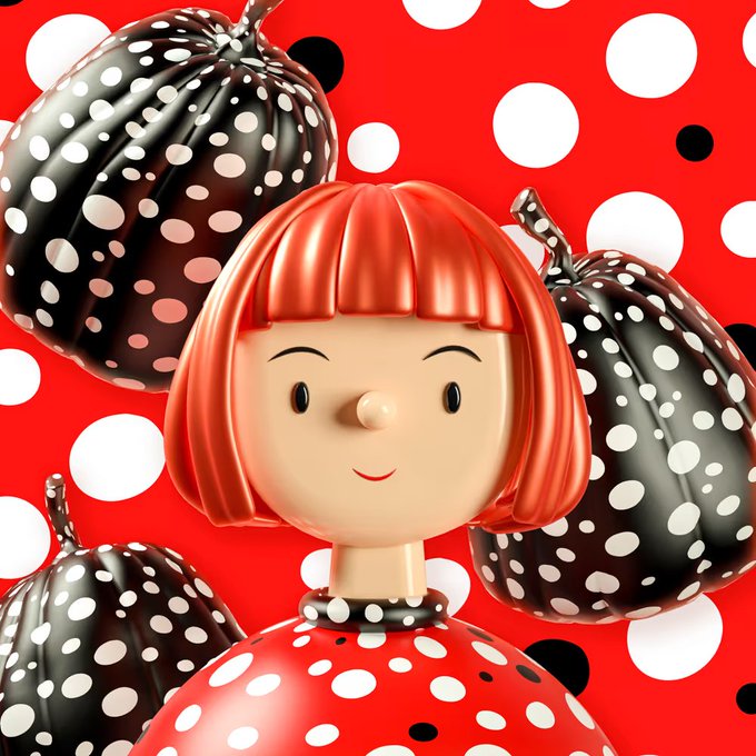 A 3D render featuring a stylized doll figure with a red bob haircut surrounded by glossy black and red pumpkins with white polka dots, set against a matching polka dot background.