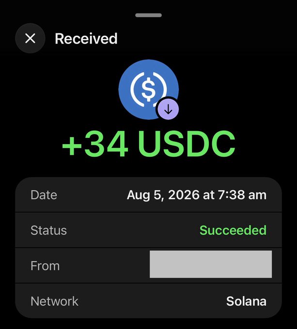 A confirmation screen showing a successful receipt of +34 USDC on the Solana network, dated Aug 5, 2026 at 7:38 am. This aligns with the post's celebration of a first winning month earned through Solana, highlighting the Web3 crypto payout while waiting for Robinhood's support.
