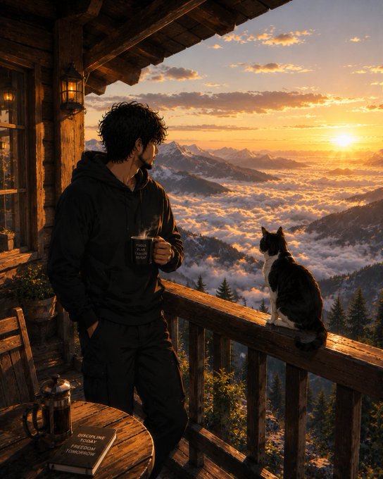 An illustrated scene of a man in a black hoodie holding a mug while standing on a wooden cabin balcony, looking at a cat that gazes out over a vast mountain landscape at sunset.