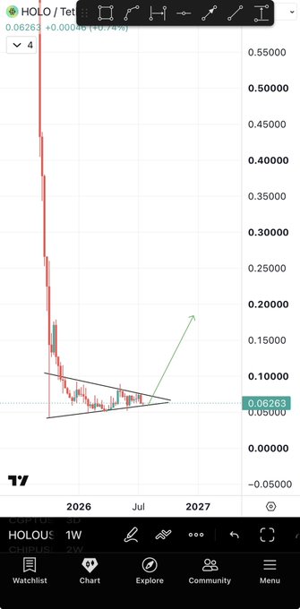 A weekly candlestick chart of $HOLO displays a steep decline from ~$0.55 to ~$0.06, followed by a consolidation triangle pattern with a green arrow projecting an upside breakout. The current price reads 0.06263 with a +0.00% change, visually supporting the post's claim of an impending new high.