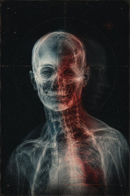 A stylized X-ray image of a smiling human skull and torso, with the right side of the skeleton tinted in red.