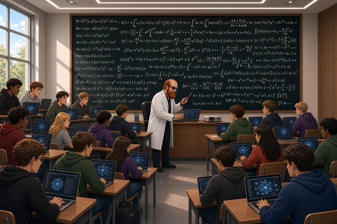 The image depicts a classroom scene where a teacher in a white lab coat stands before a chalkboard densely covered in complex mathematical equations, while students work intently on laptops displaying intricate data visualizations. The post connects to this scene as it humorously references the nerdy enthusiasm of math enthusiasts—comparing them to those who attended math camps as kids and highlighting "The Justin Sun Prize" and "66 math," suggesting the project requires a team of dedicated math problem-solvers ready to tackle challenging equations from day one.