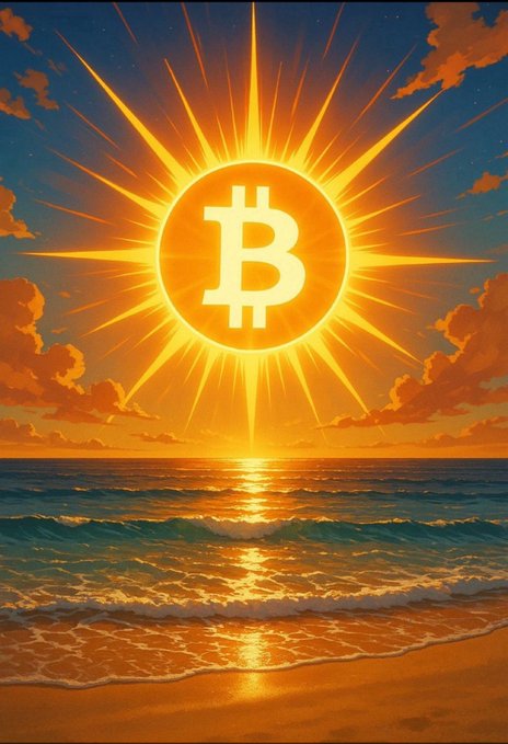 A stylized digital illustration of a glowing orange Bitcoin symbol as a sun rising over the ocean, with sun rays reflecting on the water.