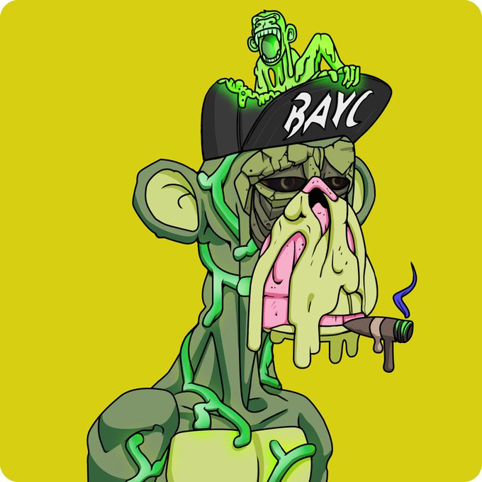 A cartoon illustration of a green BAYC (Bored Ape Yacht Club) NFT character smoking a cigar with a smaller ape on its cap, set against a yellow background.