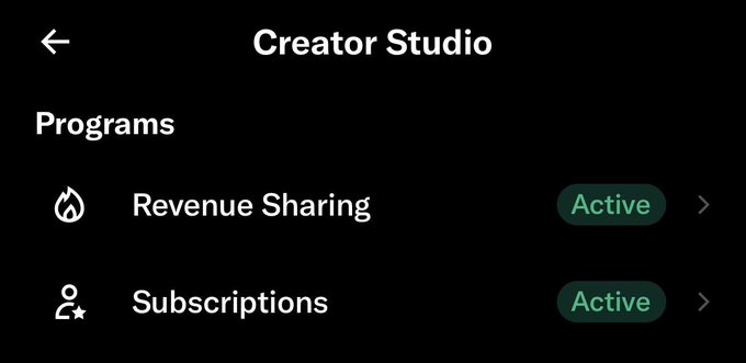 The image shows a "Creator Studio" menu with two programs listed as Active: "Revenue Sharing" and "Subscriptions." This relates to the post by highlighting available monetization features, suggesting the poster views payX as the best investment opportunity through 2026 and 2027, likely tied to these creator earning programs.