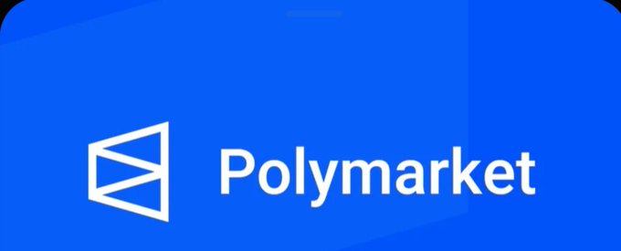 The logo for 'Polymarket' displayed in white text on a solid blue background, featuring an isometric cube icon next to the name.