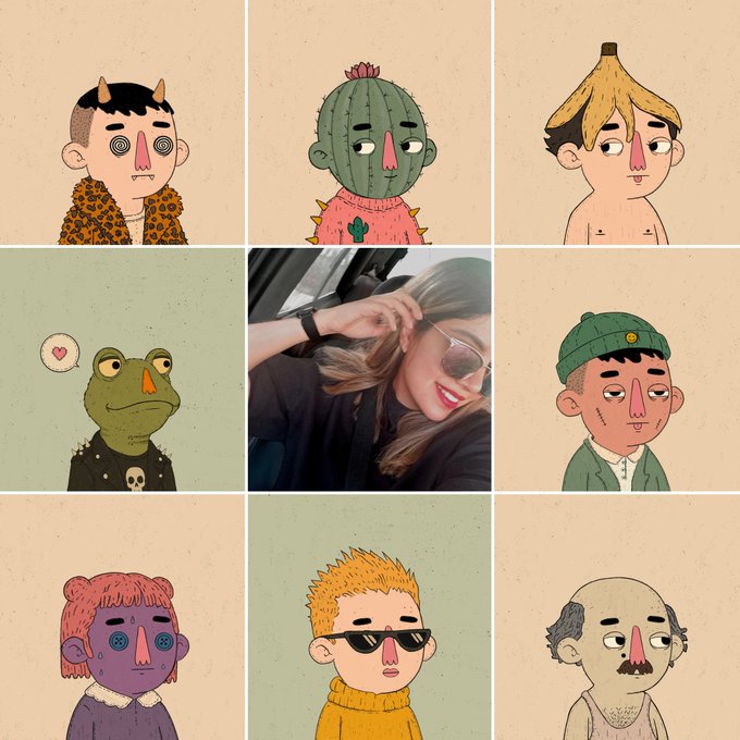 A 3x3 grid featuring eight illustrated character portraits surrounding a central photo of a smiling woman with sunglasses in a car.