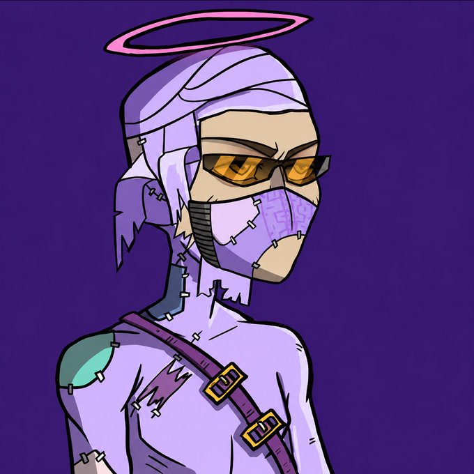 An anime-style illustration of a female character with a halo, wearing a purple mask, sunglasses, and a stitched purple outfit against a purple background.